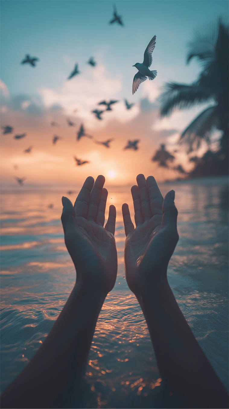 hands raised in prayer, palms facing up, birds soaring above ser